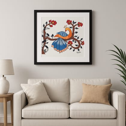 Framed Sohrai Art – Hand-Painted Tribal Peacock Design (10x12 inch)