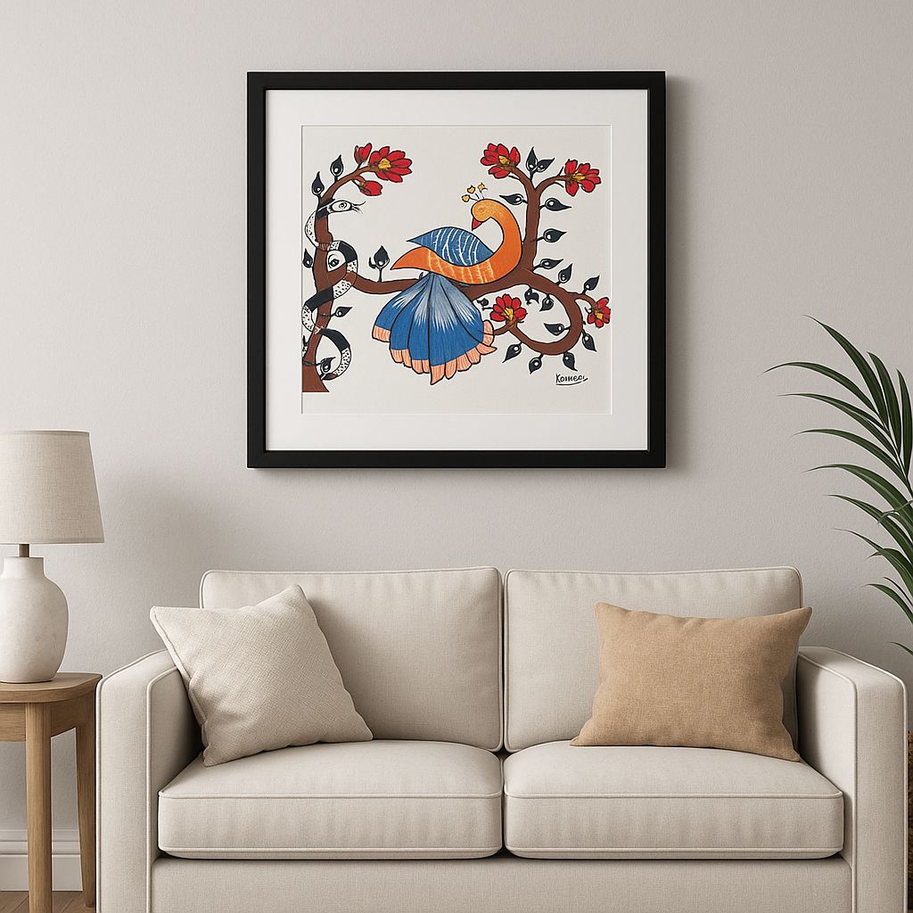 Framed Sohrai Art – Hand-Painted Tribal Peacock Design (10x12 inch)