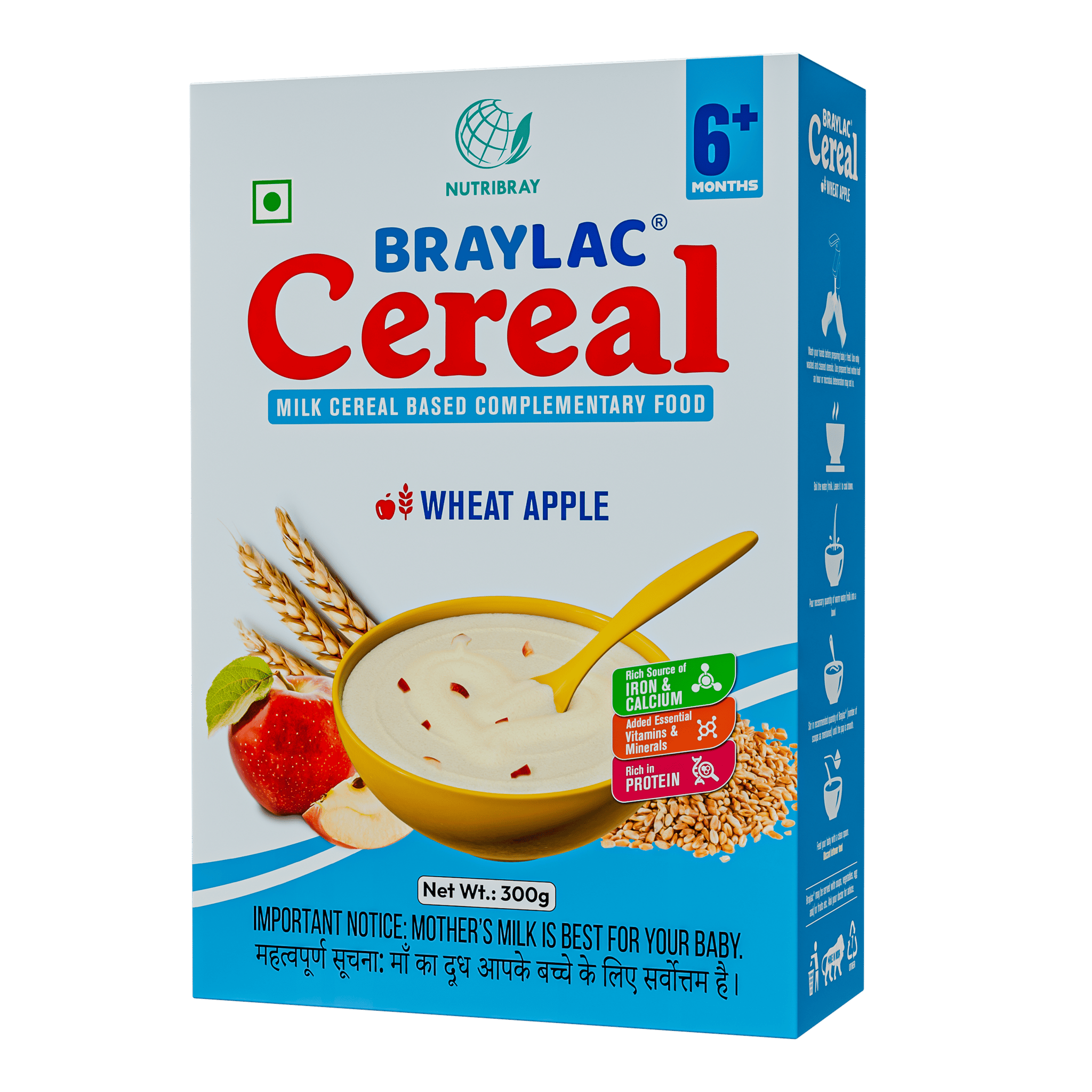 Braylac Cereal Wheat Apple - 300 gm for 6 to 24 months baby Bag in Box Pack