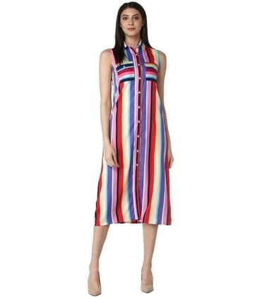 Women's Polyester Striped Sleeveless Calf-Length Dress (Multicolor, M)-PID55775