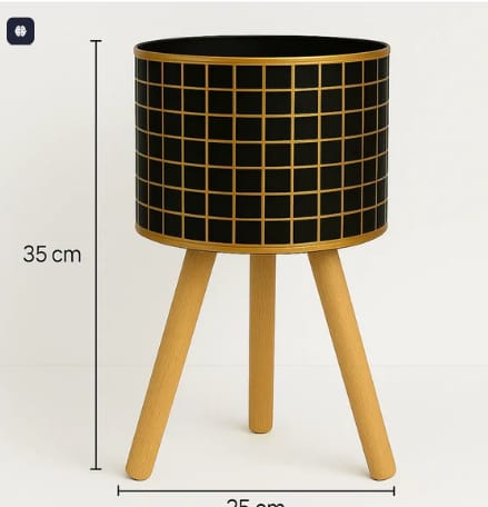 HOME DECOR Set of 3 Modern Black & Gold Grid Planters with Wooden Stands – Decorative Metal Plant Pots