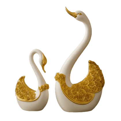 HOME DECOR Elegant Golden Swan Couple Showpiece – White & Gold Resin Figurine with Rose Detailing