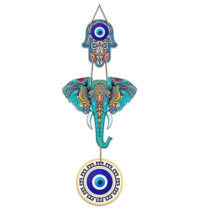 Designer Elephant Wooden Wall Hanging for Home Decor | Hamsa Hand Decoration for Livingroom | Modern Artworks Items | Peace Charm Door Accent Decorative Hangings