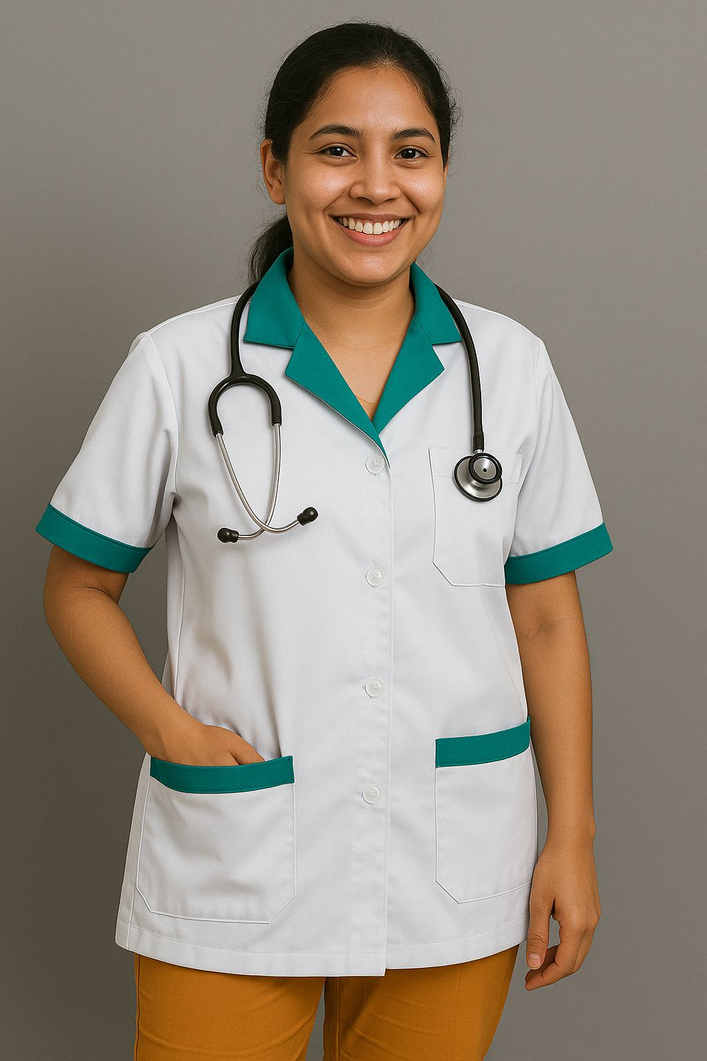 Unisex Staff Apron | 3-pockets Apron | White Apron with Green Collar | Comfortable | Durable | Best Fitted For Medical Professionals (Staff, Nursing & Lab Technicians)