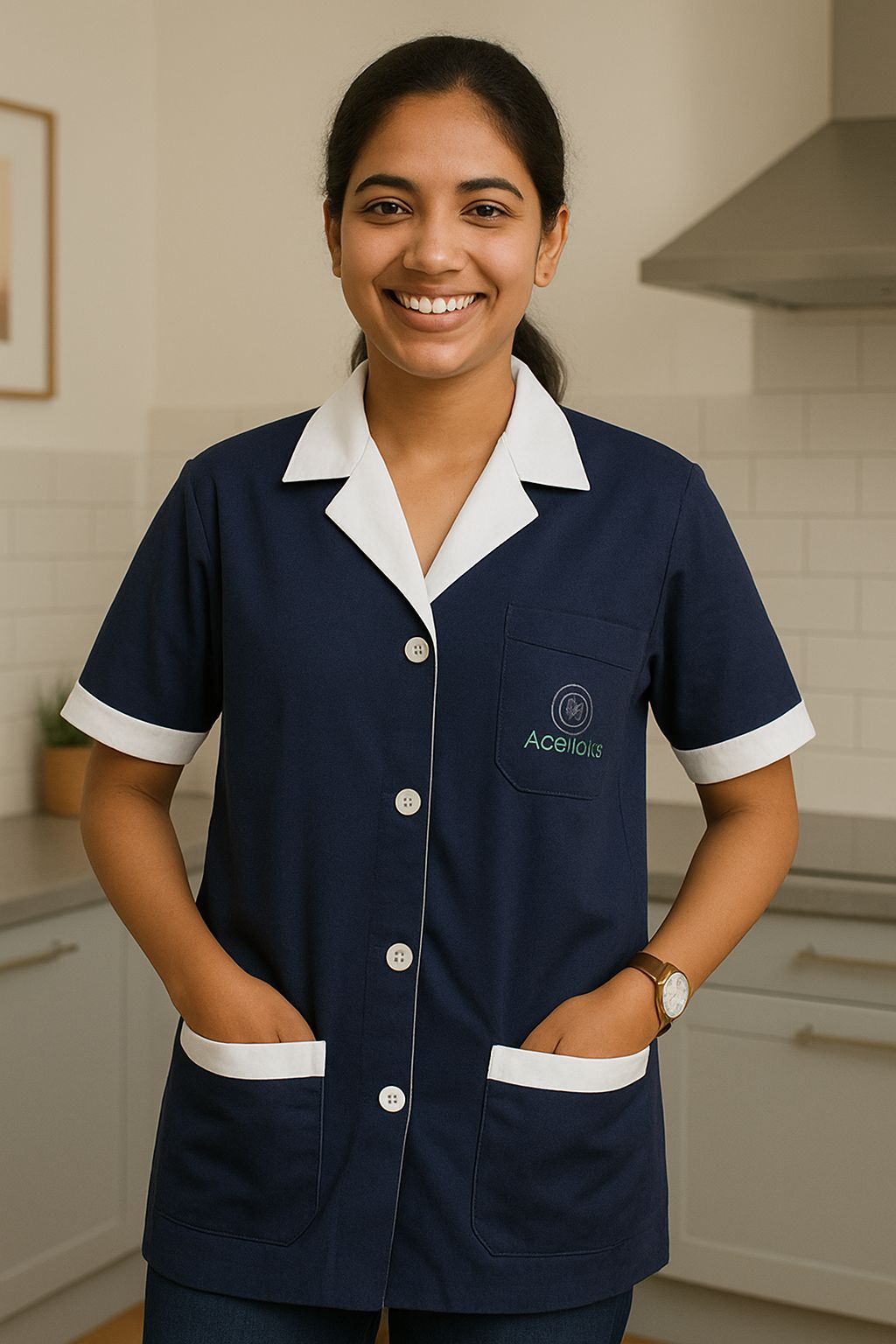 Unisex Staff Apron | 3-pockets Apron | Navy Blue Apron with White Detailing | Comfortable | Durable | Best Fitted For Medical Professionals (Staff, Nursing & Lab Technicians)