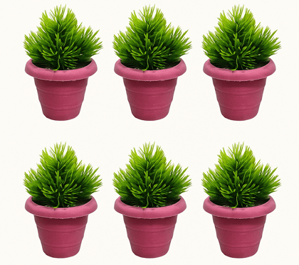 Set of 6 Artificial Green Potted Plants with Pink Pots