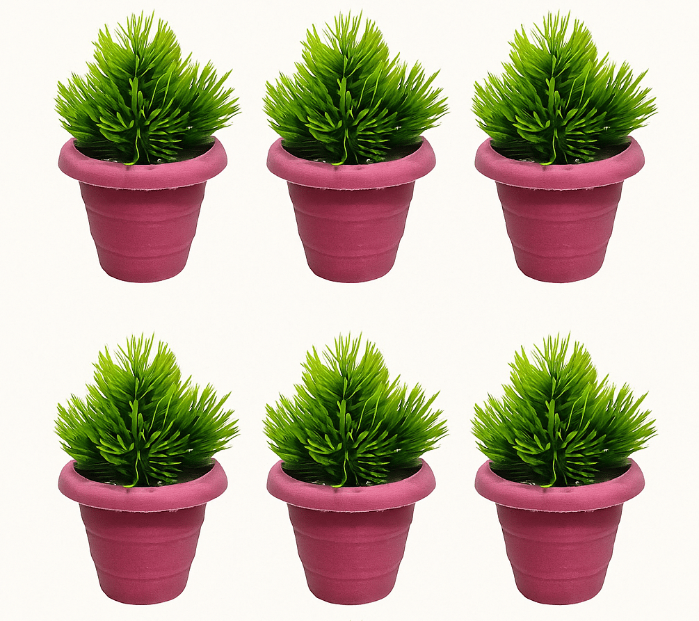 Set of 6 Artificial Green Potted Plants with Pink Pots
