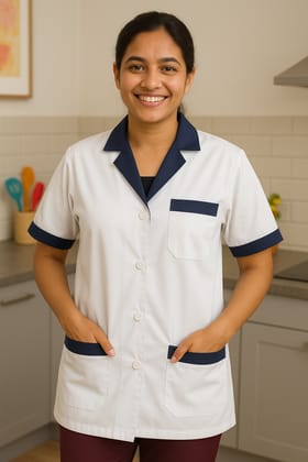 Unisex Staff Apron | 3-pockets Apron | White Apron with Navy Blue Detailing | Comfortable | Durable | Best Fitted For Medical Professionals (Staff, Nursing & Lab Technicians)