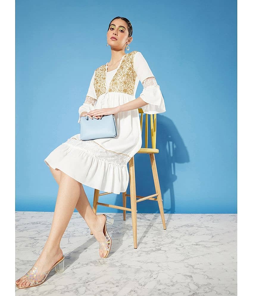 Miss Chase Women Rayon Printed Fit & Flare Dress ( Off White )