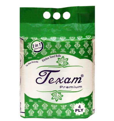 Texam 4 Ply Kitchen Tissue/Towel Paper Roll 300 Sheets | 2 IN 1 -75 PULLS 4 PLY | Soft and Highly Absorbent | 100% Natural Virgin Cellulose Fiber Texam 4 Ply Kitchen Tissue/Towel Paper Roll 300 Sheets | 2 IN 1 -75 PULLS 4 PLY | Soft and Highly Absorbent | 100% Natural Virgin Cellulose Fiber