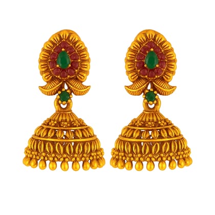 Brass-Toned Jhumka Earrings with Ruby & Emerald Embellishments