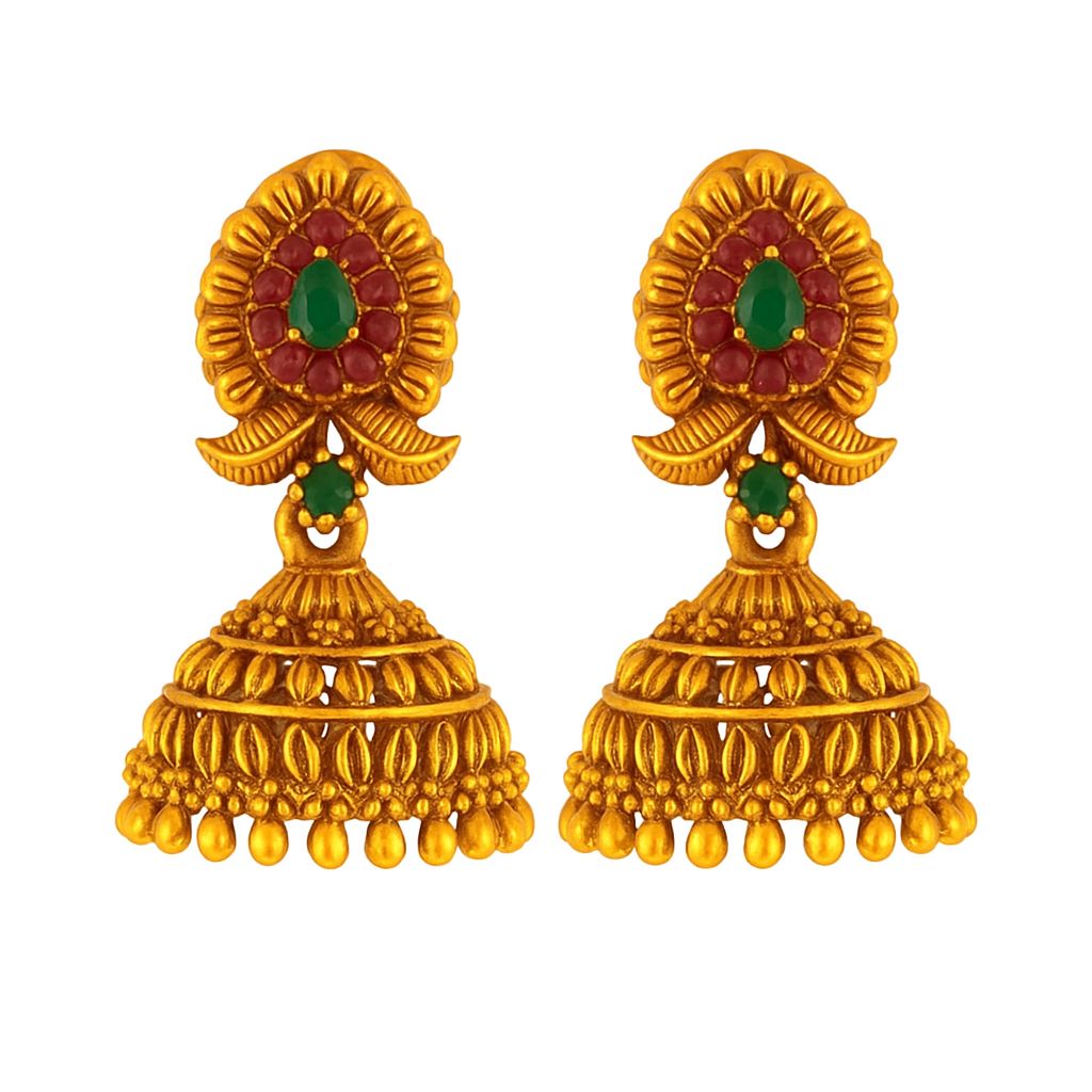 Brass-Toned Jhumka Earrings with Ruby & Emerald Embellishments