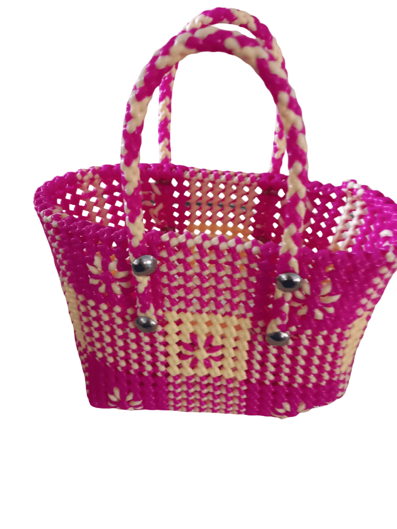 Pink and Cream Woven Basket with Handles