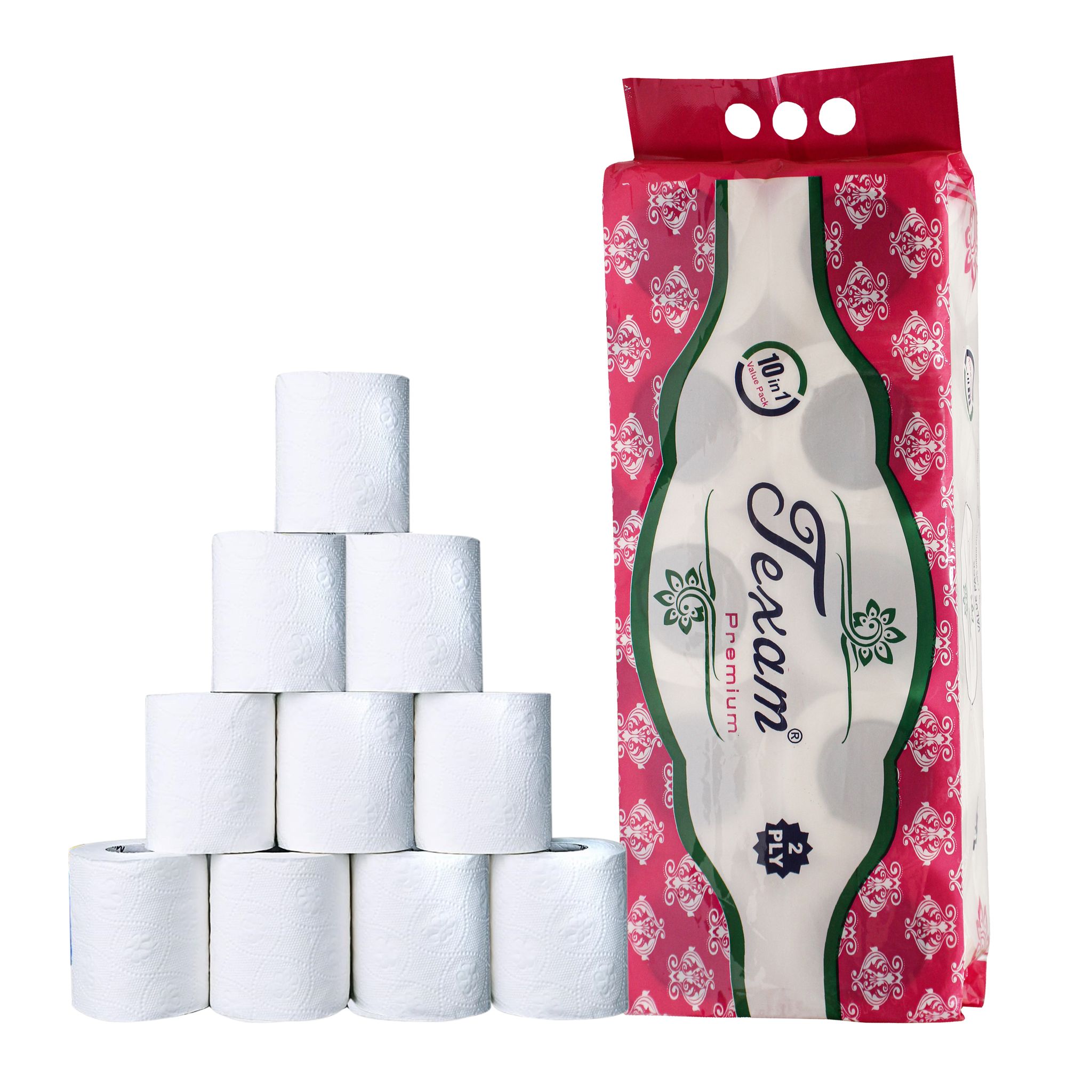 Texam 2 Ply Soft And Highly Absorbent Toilet Tissue Paper | 100% Natural Virgin Cellulose Fiber - Pack of 10 (210 Pulls Per Roll, 2100 Sheets)