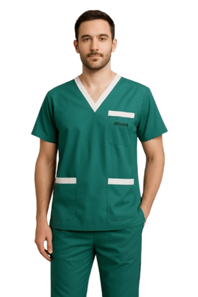 Premium Scrub Set | Unisex Medical Scrub Set | Half Sleeves | Green with White Trim | Ideal For Health Care Professional | Color (Medical Green)