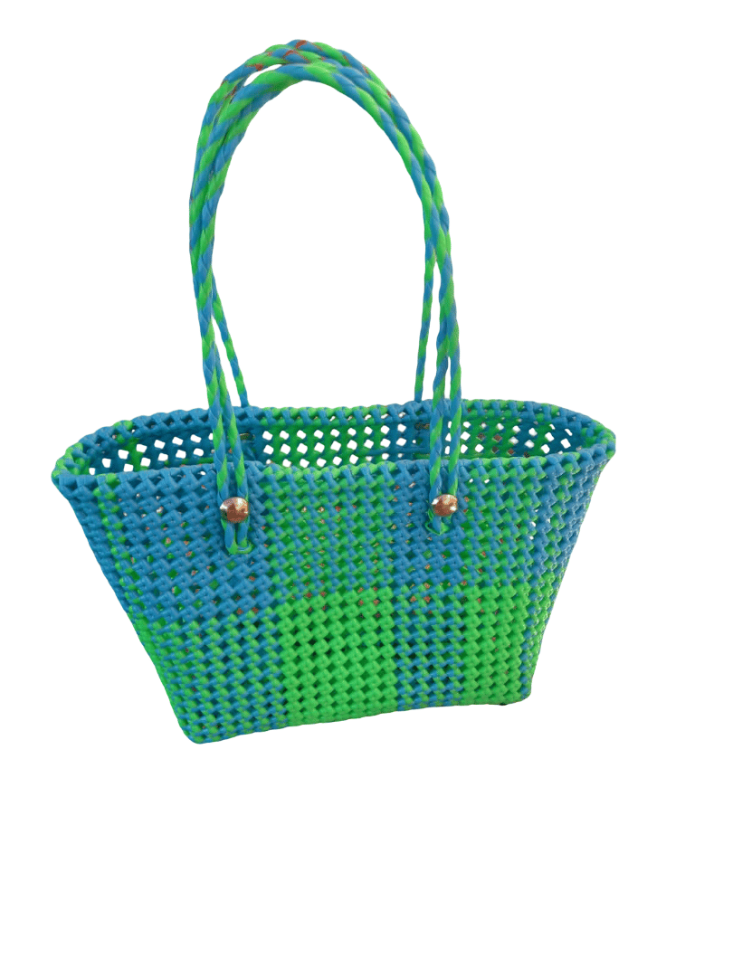 Handwoven Blue & Green Plastic Tote Bag