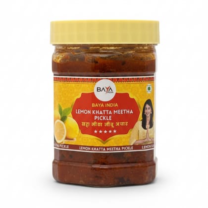 Baya India Lemon Khatta Meetha Pickle 350g | Homemade Nimbu ka Achar | Traditional Indian Sweet & Tangy Pickle | No Preservatives | Made with Mustard Oil & Natural Spices Baya India Lemon Khatta Meetha Pickle 350g | Homemade Nimbu ka Achar | Traditional Indian Sweet & Tangy Pickle | No Preservatives | Made with Mustard Oil & Natural Spices