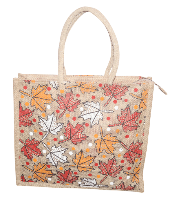 Leaf Print Jute Handbag - Eco-Friendly Tote Bag