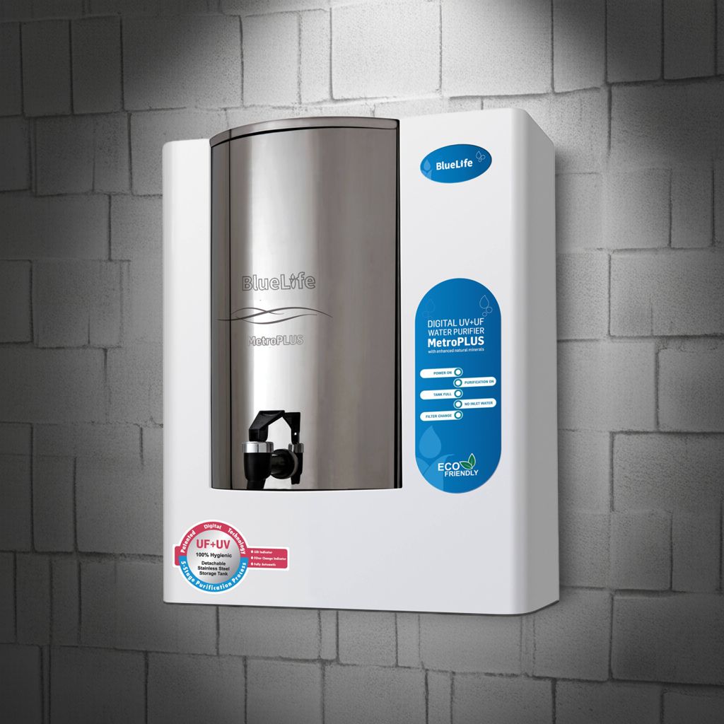 BlueLife® MetroPLUS, Digital UF+UV Water Purifier with Detachable Stainless-Steel Tank for Corporation Water