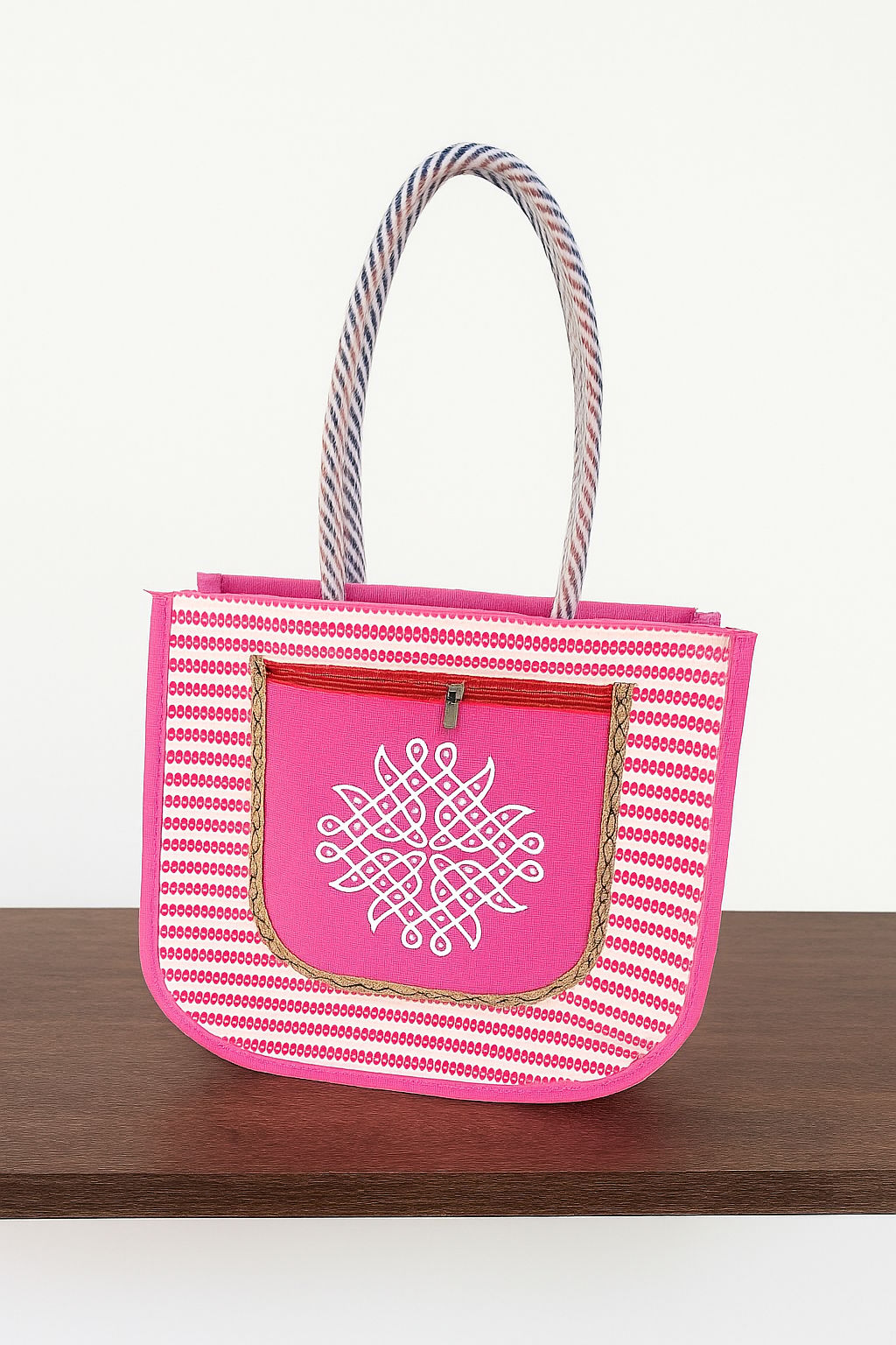 Pink Handbag with Embroidered Design - Stylish Tote Bag