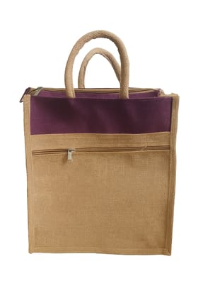 Eco-Friendly Jute Shopping Bag with Zipper & Burgundy Accent