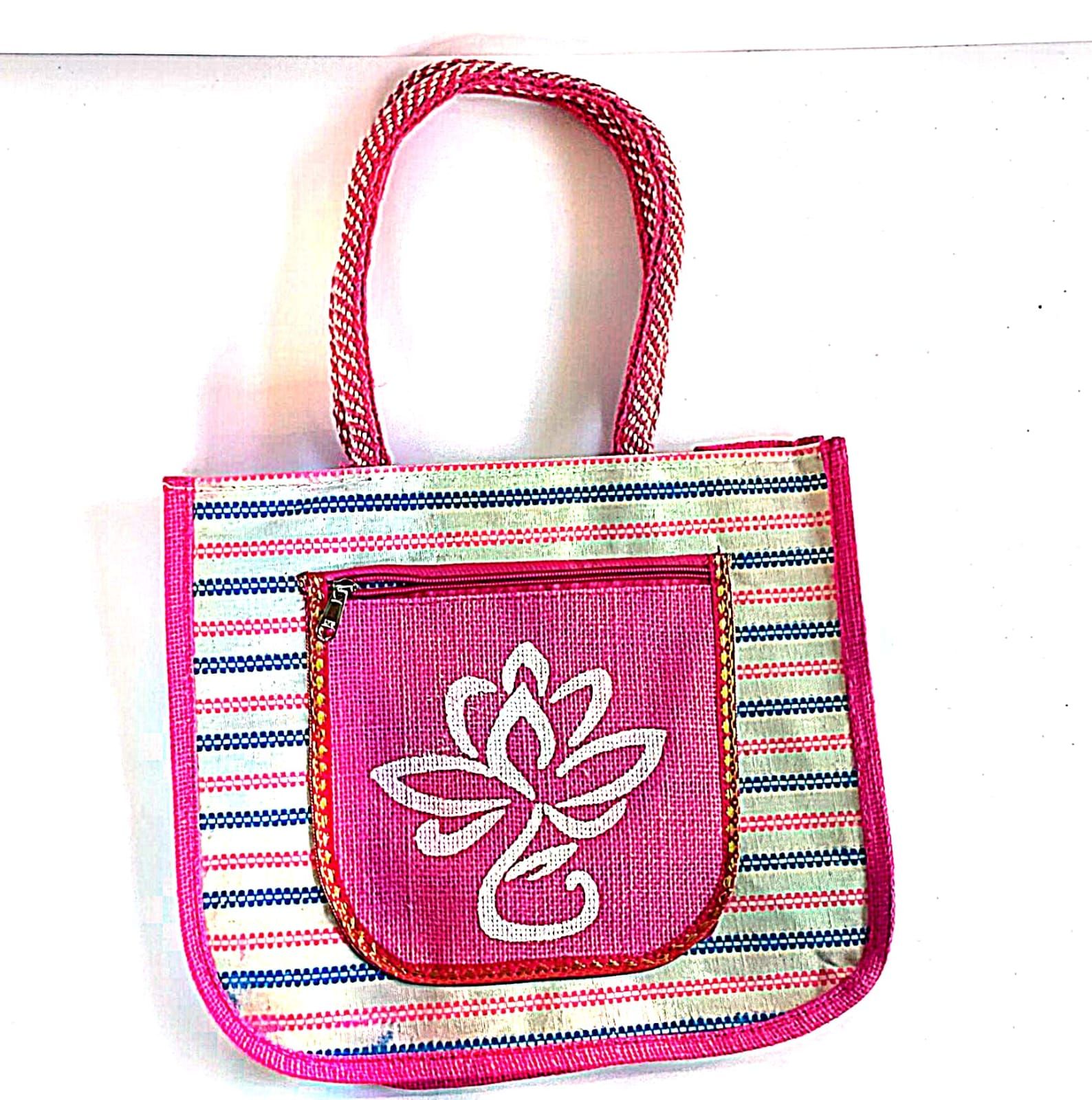 Pink Jute Tote Bag with Floral Design