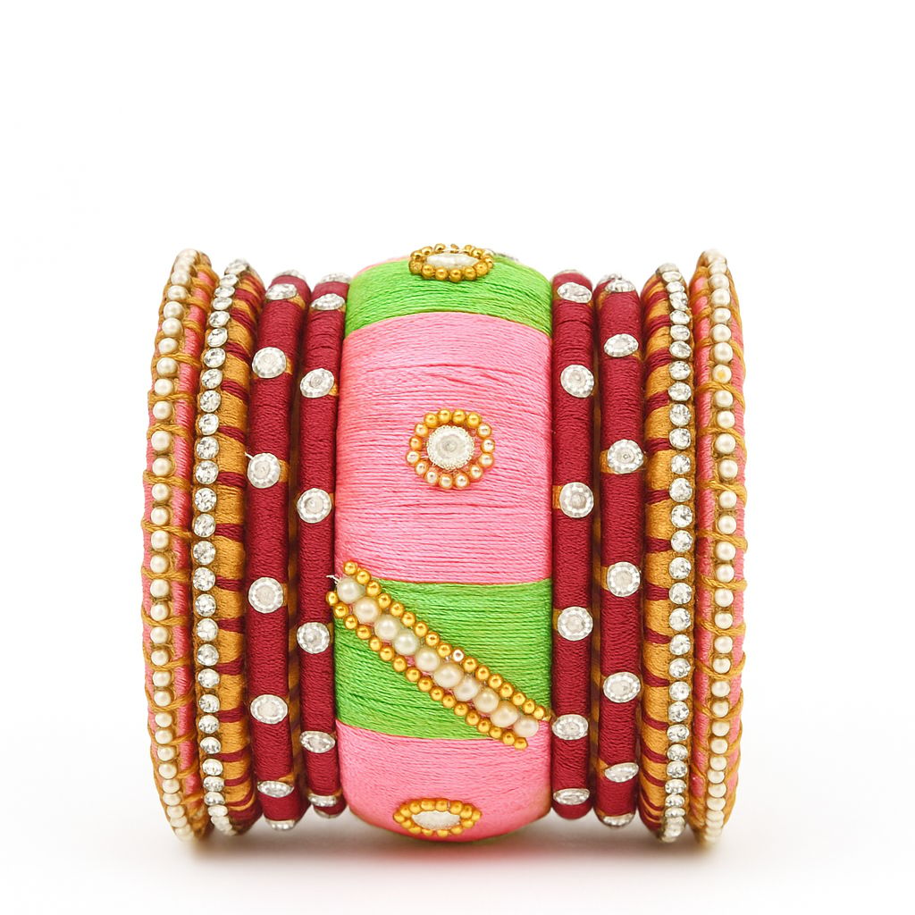 Handcrafted Silk Thread Bangles Set with Rhinestones & Pearls
