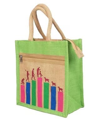 Green Jute Shopping Bag with Artistic Graphic Print