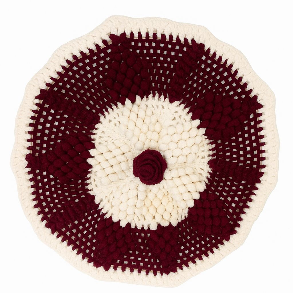 Handmade Crochet Coaster with Rose Applique - Burgundy & Cream