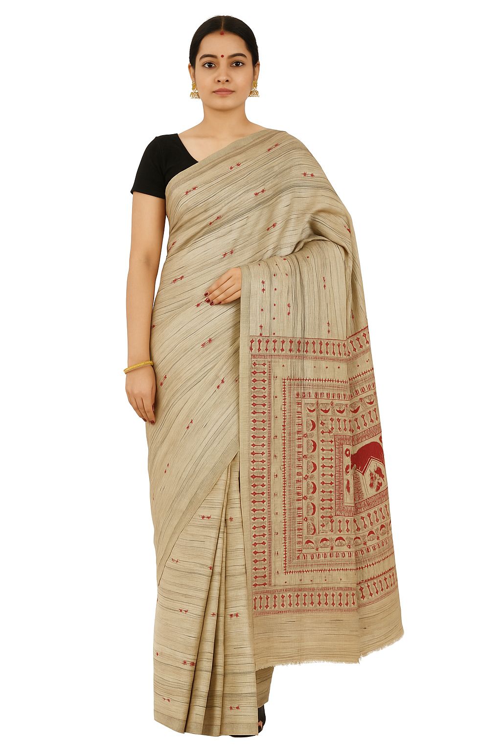Tribal Elegance Beige Handloom Tussar Pure Silk Saree