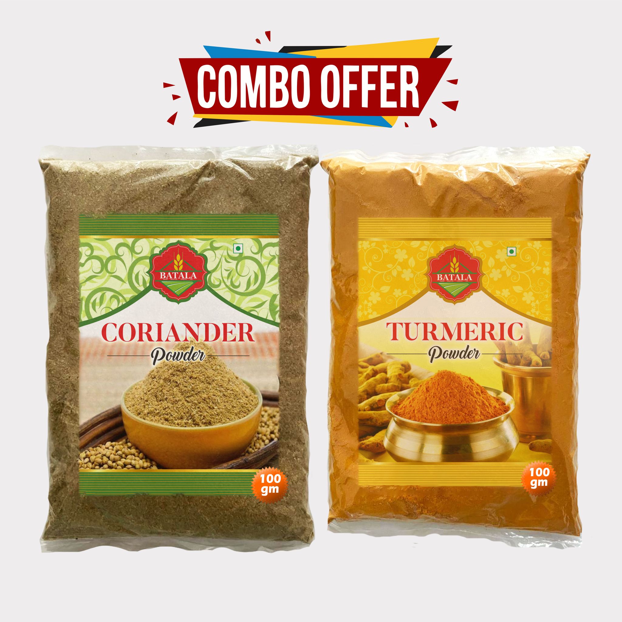 Turmeric & Coriander Powder Combo Pack of 2 (100g Each) by Batala – Natural Taste, Made by Farmers. 
