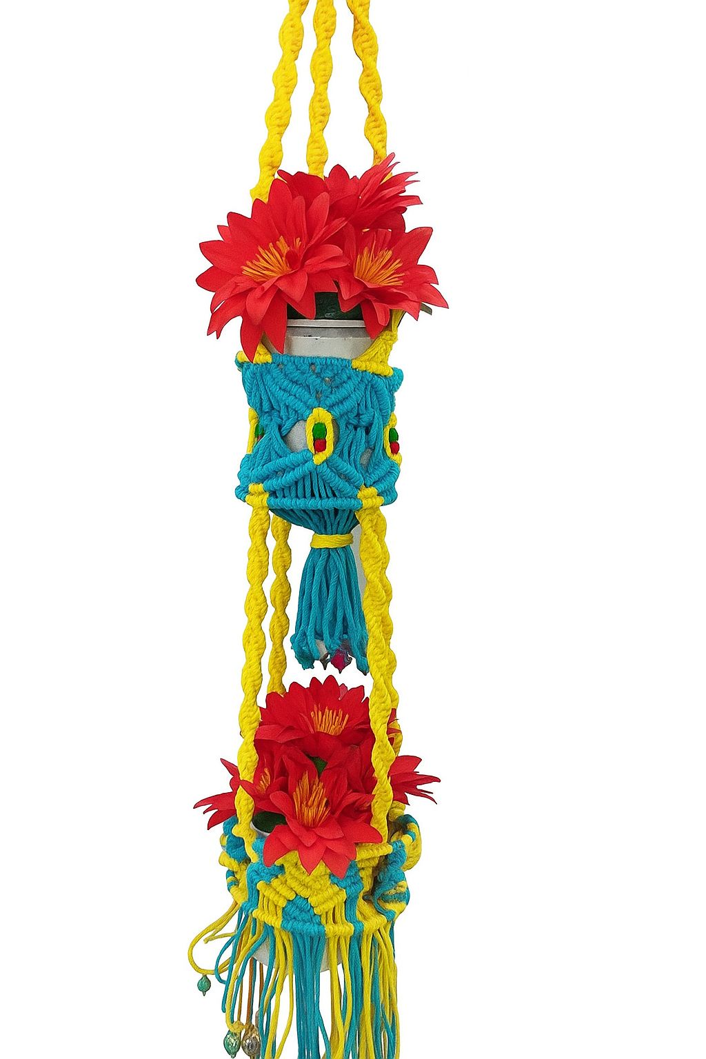 Handcrafted Macrame Plant Hanger - Blue & Yellow Bohemian Decor