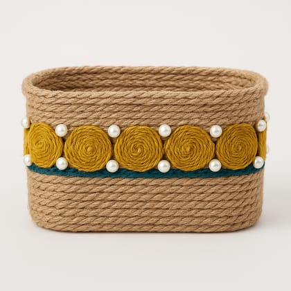 Handcrafted Decorative Jute Basket with Pearl Accents.