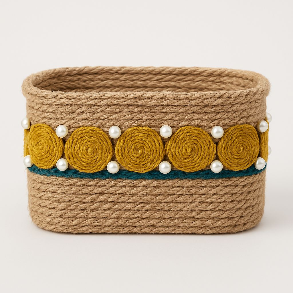 Handcrafted Decorative Jute Basket with Pearl Accents.