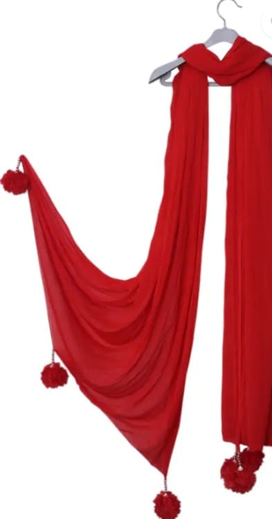 Elegant Red Chiffon Scarf with Pom-Poms