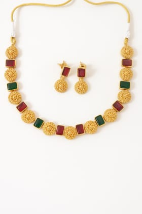 Gold-Toned Necklace & Earring Set with Gemstones - Elegant Indian Jewelry
