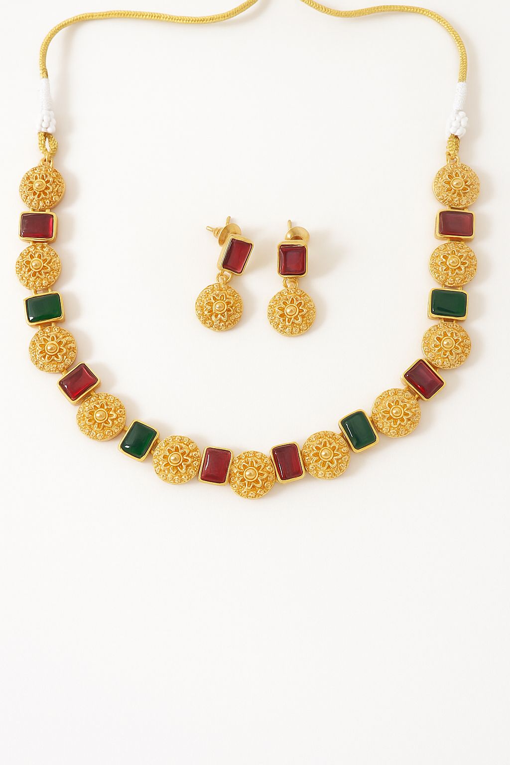 Gold-Toned Necklace & Earring Set with Gemstones - Elegant Indian Jewelry