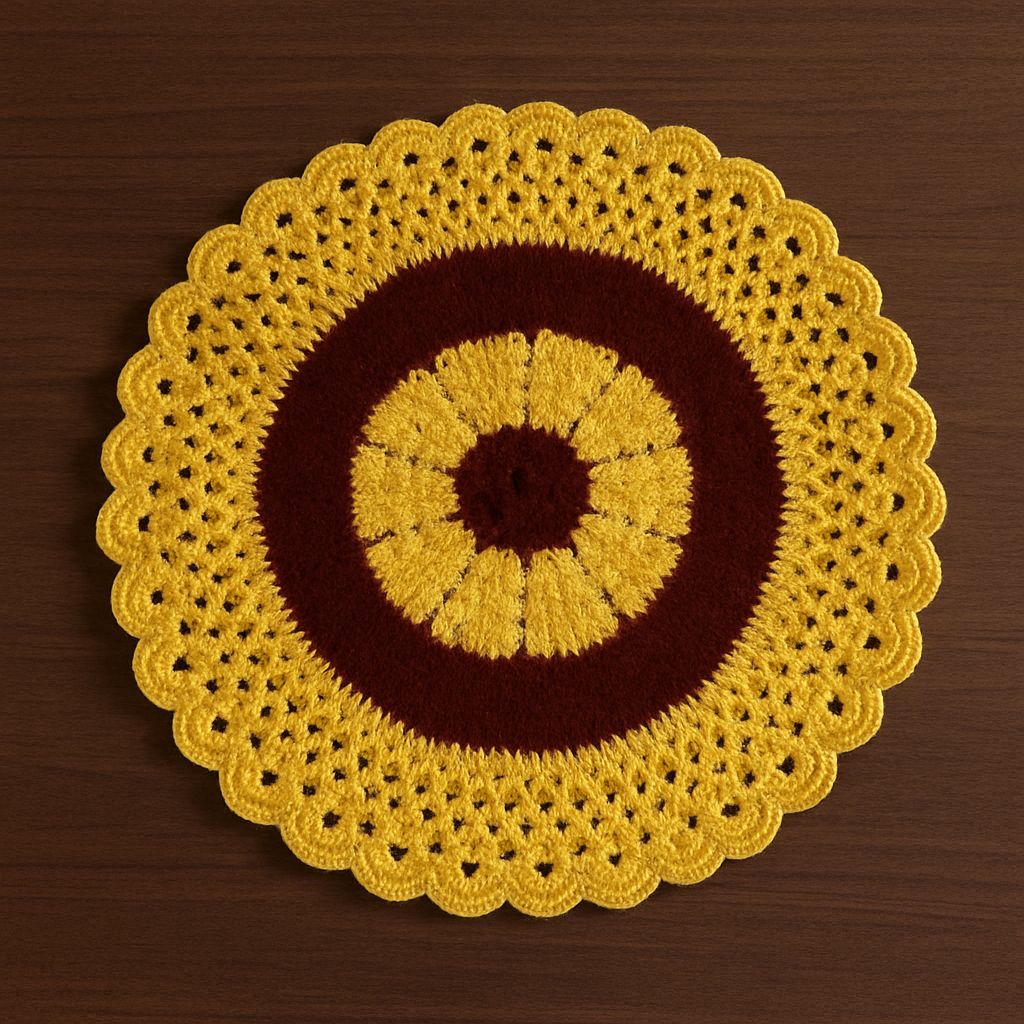Handmade Crochet Floral Coaster - Yellow and Burgundy