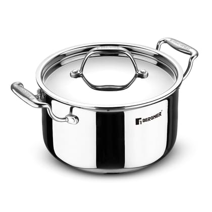 Bergner Argent TriPly Stainless Steel 28 cm Casserole with Stainless Steel Lid, 8.3 Ltr Casserole, Stay Cool Cast Handle, Food Safe, Durable, Dishwasher Safe, Induction and Gas Ready, 5-Year Warranty