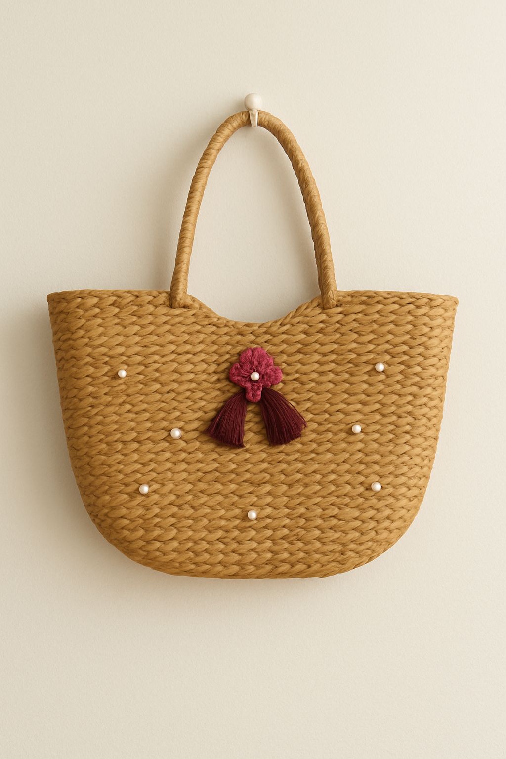Raffia Tote Bag with Floral Detail and Pearl Embellishments