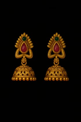 Gold Jhumka Earrings with Gemstone Accents - Traditional Indian Jewelry Gold Jhumka Earrings with Gemstone Accents - Traditional Indian Jewelry