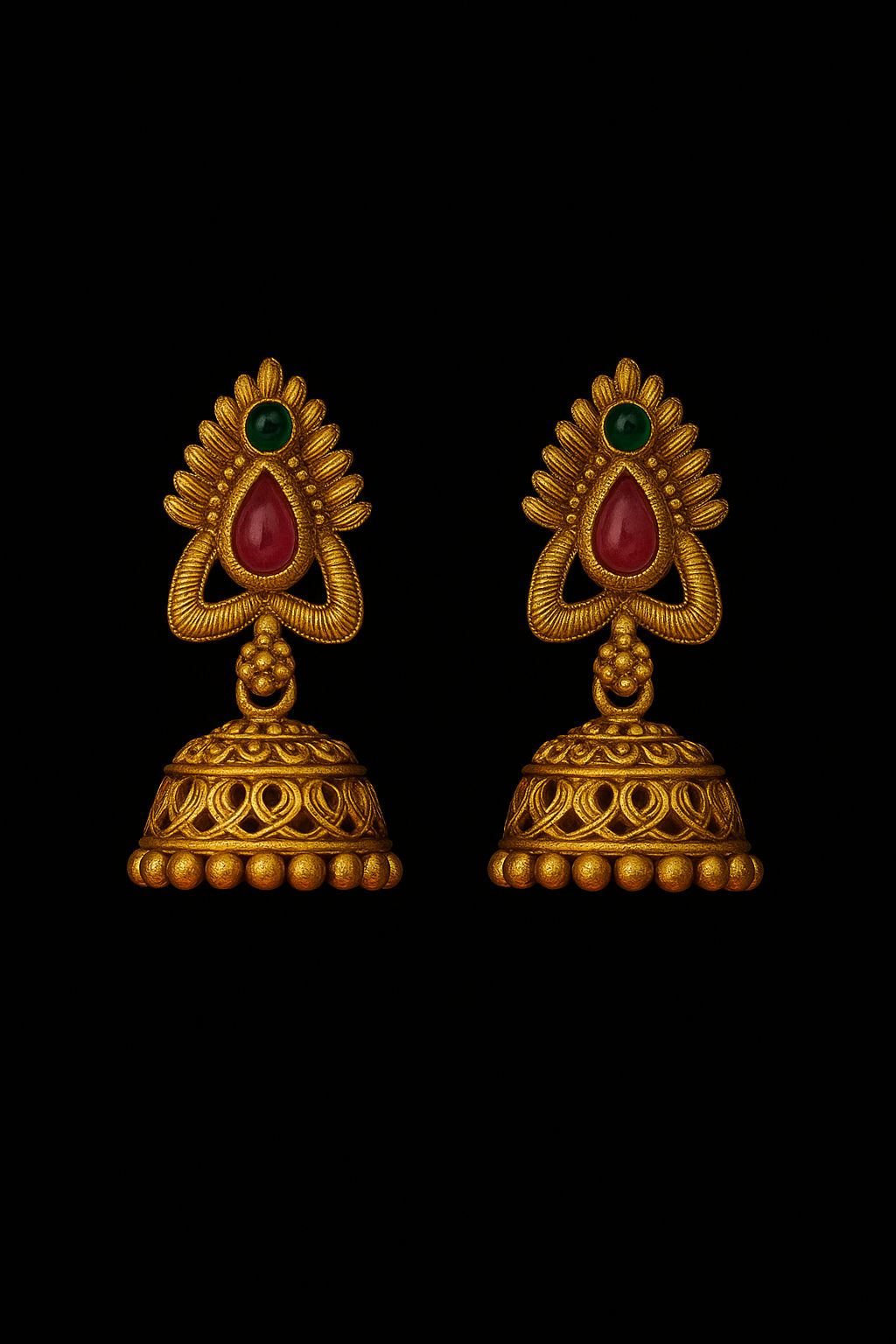 Gold Jhumka Earrings with Gemstone Accents - Traditional Indian Jewelry