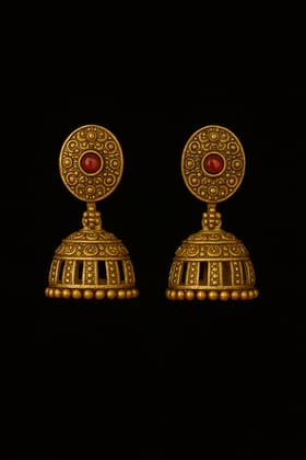 Gold Jhumka Earrings with Red Stone - Traditional Indian Jewelry Gold Jhumka Earrings with Red Stone - Traditional Indian Jewelry