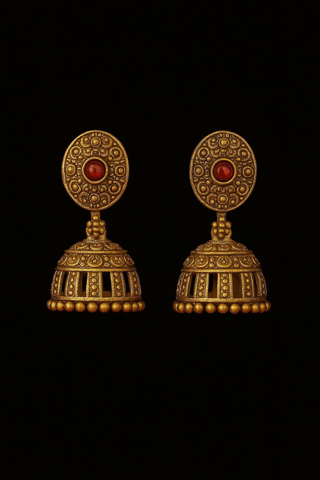 Gold Jhumka Earrings with Red Stone - Traditional Indian Jewelry