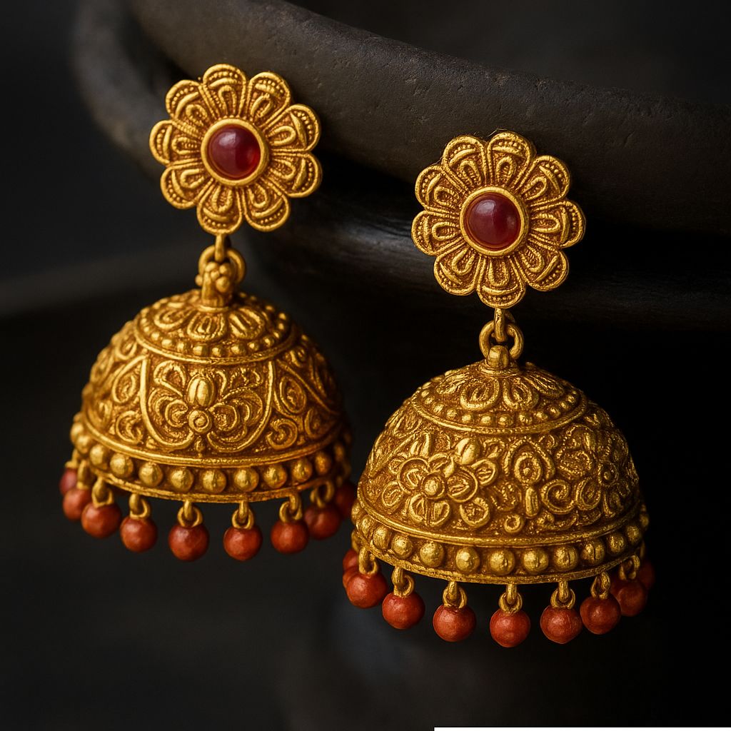 Gold Jhumka Earrings with Floral Design