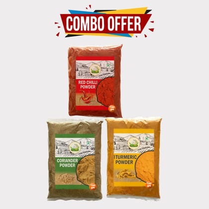 Combo pack of Red Chilli, Turmeric & Coriander Powder - 300gm (Pack of 3) by Arms Krishi, Pure Spices & Natural Color. 