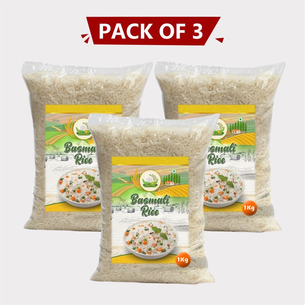 Premium Long Grain Basmati Rice 3kg (Pack of 1kg × 3 packet) by Arms Krishi – Extra Long Grain, Fragrant & Pure Chawal