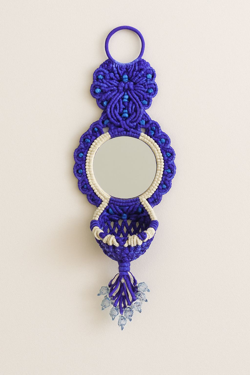 Handcrafted Macrame Mirror with Beaded Tassel & Pouch