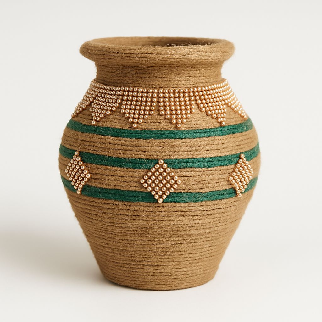 Rustic PearlTwine Vase – Handcrafted Jute Décor with Beaded Accents