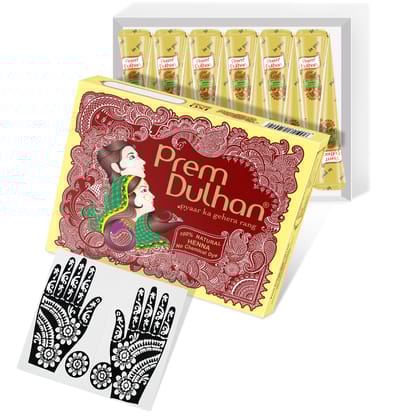 Prem Dulhan Brown Henna Cones Box 12 Pcs with Flower Stencil  Yellow
